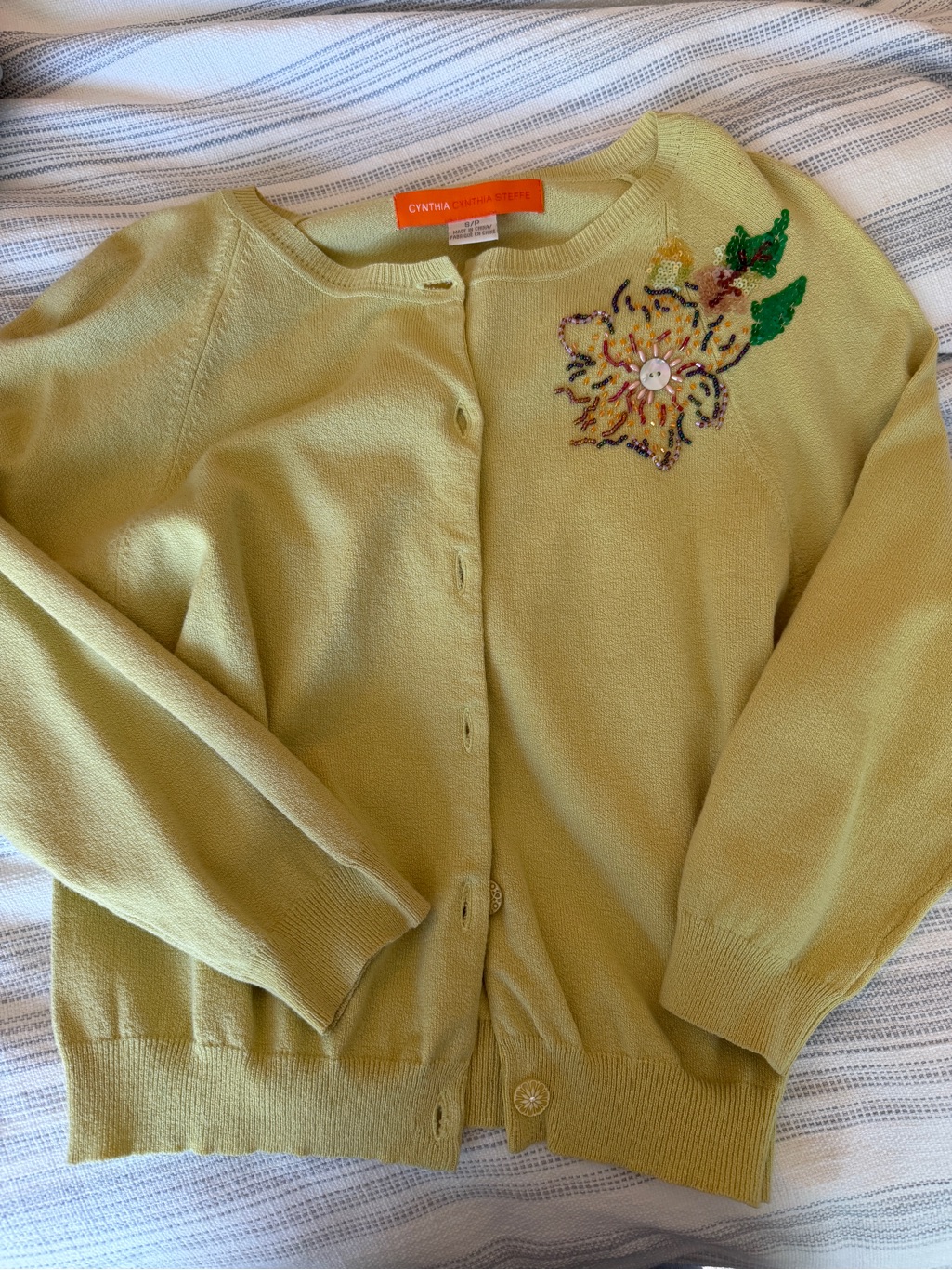Cynthia Steffe Lemon-Green Floral Embellished Crewneck Cardigan
